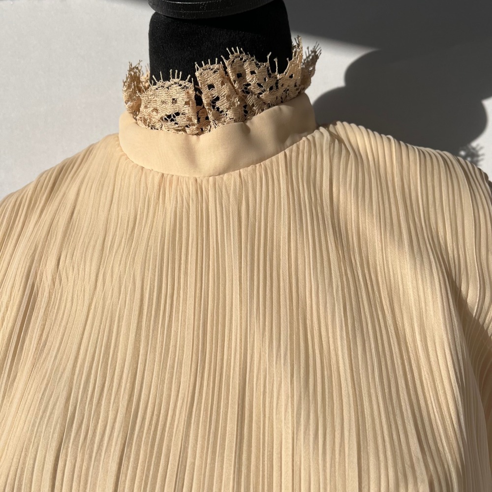 Vtg 60s 70s Accordion Pleated Chiffon Lace Maxi Dress S Pink Gunne Sax Style - Picture 8 of 13
